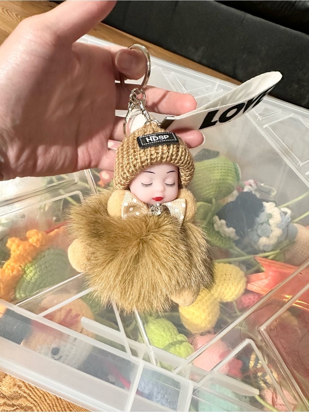 Brown Fur Doll Keychain with Knit Hat - Kids Toys